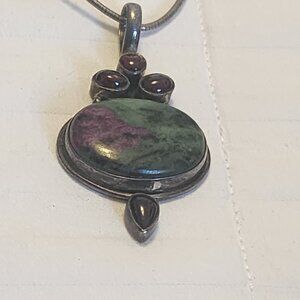 Ruby in Zoisite and garnets gemstones large 6 cm pendant 925 necklace